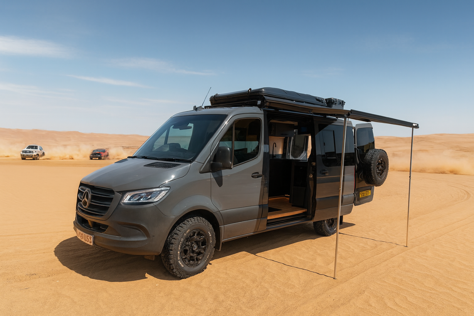Apollo adventure van in desert expedition setting with awning deployed