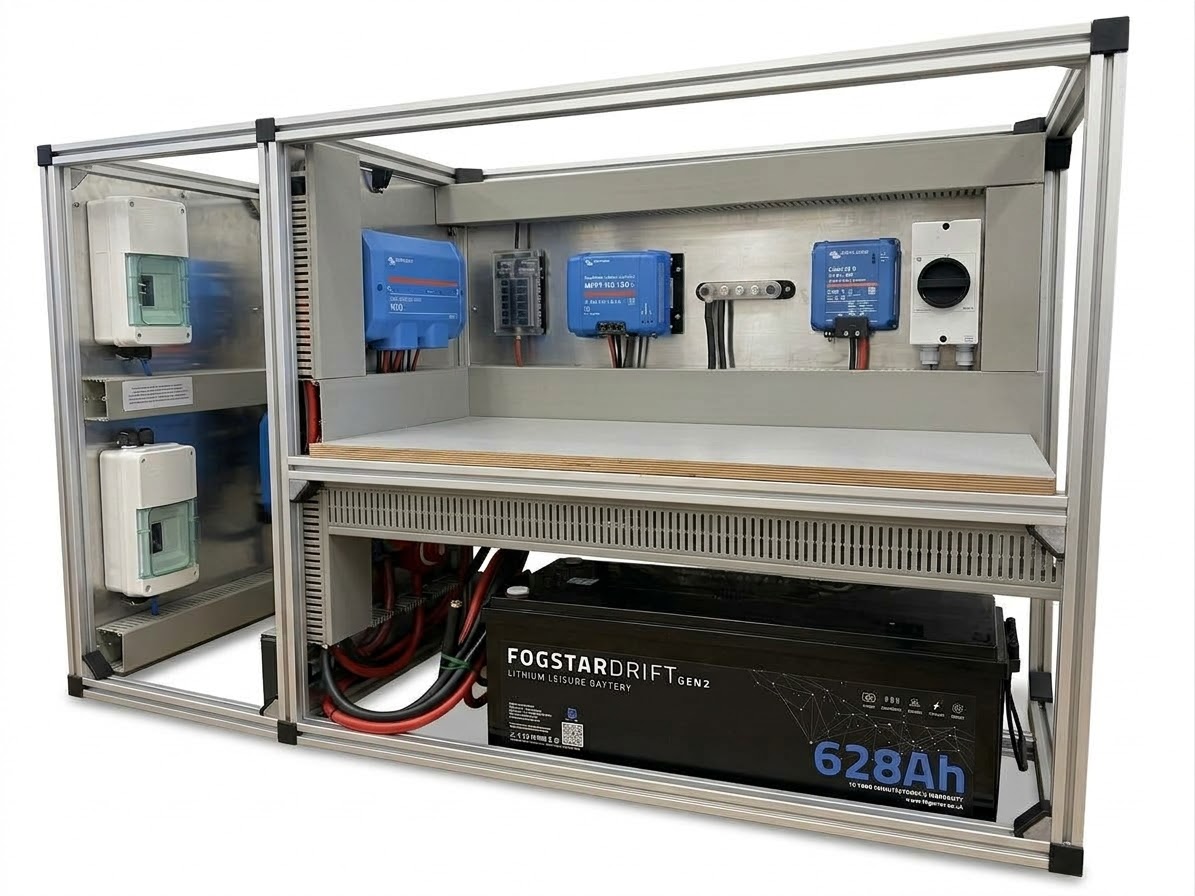 Wildbox Powerframe aluminium frame with Victron electrical equipment and a Fogstar Drift battery.