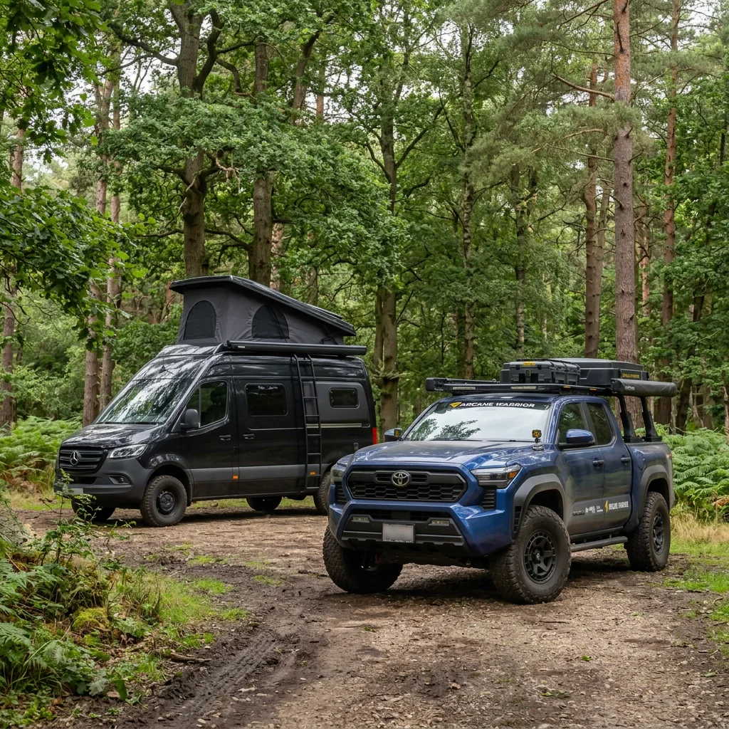 AI concept of a black campervan and a blue overland pickup parked together in UK woodland
